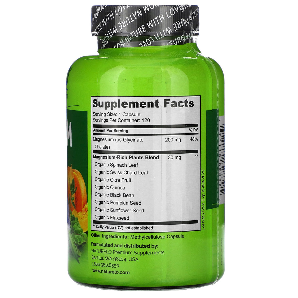 NATURELO, magnesiumglycinatchelat, 200 mg, 120 vegetariske kapsler