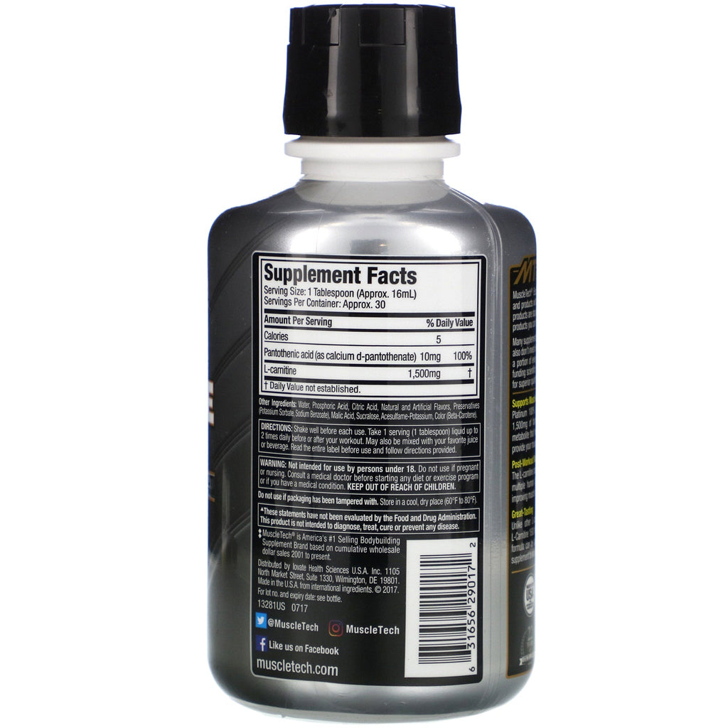 Muscletech, Essential Series, Platinum 100% L-Carnitine 1500, Post-Workout, Citrus Splash, 1,500 mg, 16 oz (473 ml)
