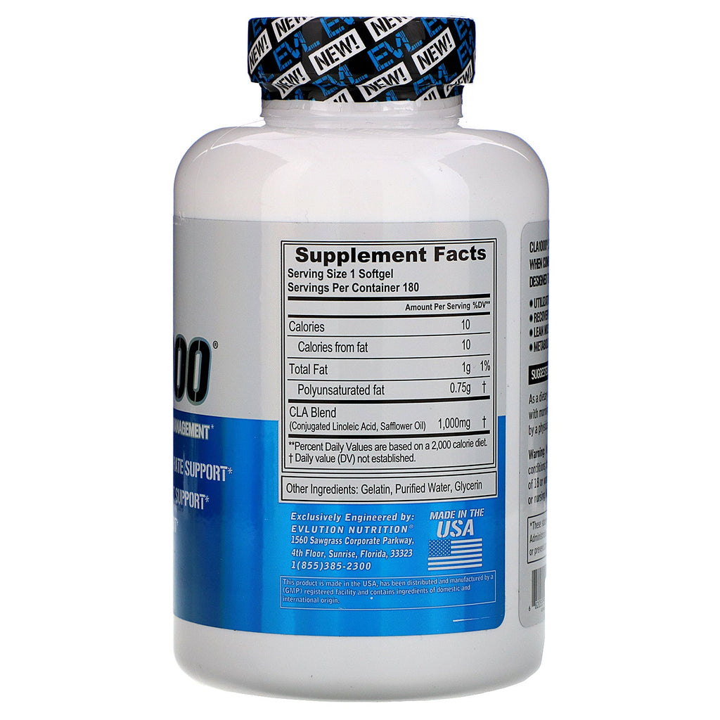 EVLution Nutrition, CLA1000, Stimulerende fri vægtkontrol, 180 softgels