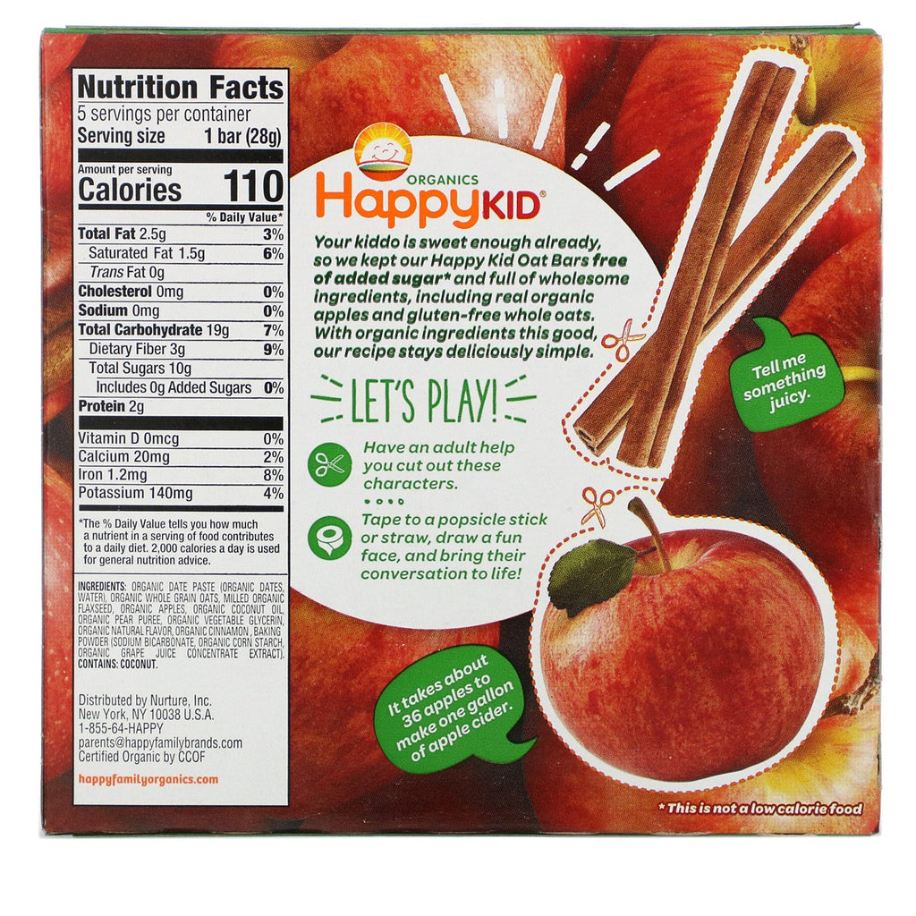 Happy Family s, Happy Kid, barra de manzana + canela, fruta y avena, 5 barras, 28 g (0,99 oz) cada una