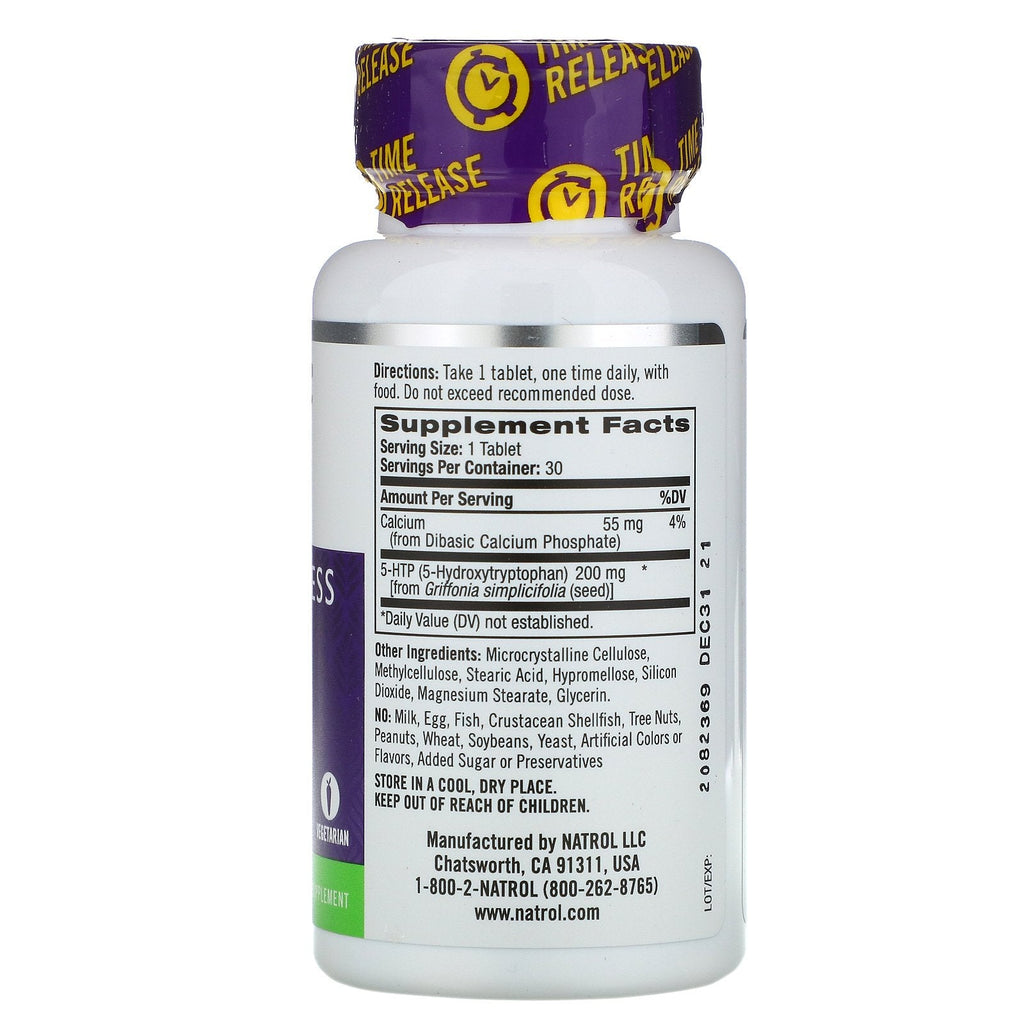 Natrol, 5-HTP, tidsfrigivelse, maksimal styrke, 200 mg, 30 tabletter