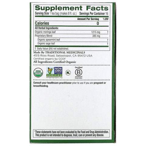 Traditional Medicinals, Moringa con menta verde y salvia, sin cafeína, 16 bolsitas de té envueltas, 24 g (0,85 oz)