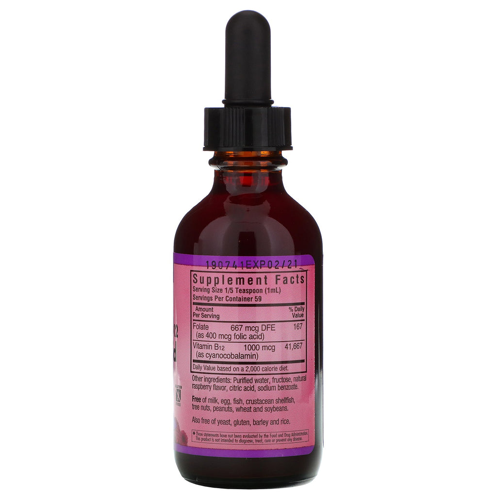 Bluebonnet Nutrition, flydende vitamin B-12 &amp; folinsyre, naturlig hindbærsmag, 2 fl oz (59 ml)