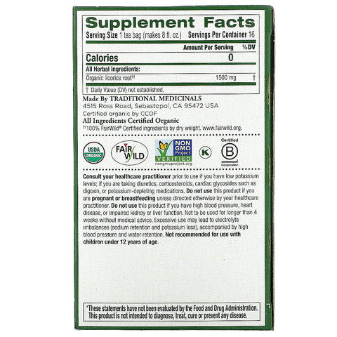 Traditional Medicinals, raíz de regaliz, sin cafeína, 16 bolsitas de té envueltas, 0,85 oz (24 g)