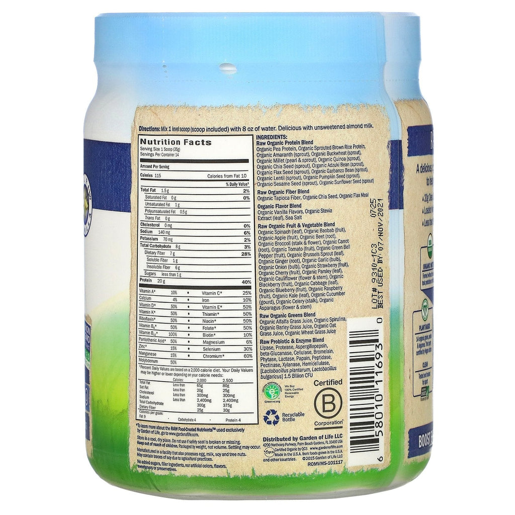 Garden of Life, RAW  Meal, Shake & Meal Replacement, Vanilla, 1 lb 1 oz (484 g)