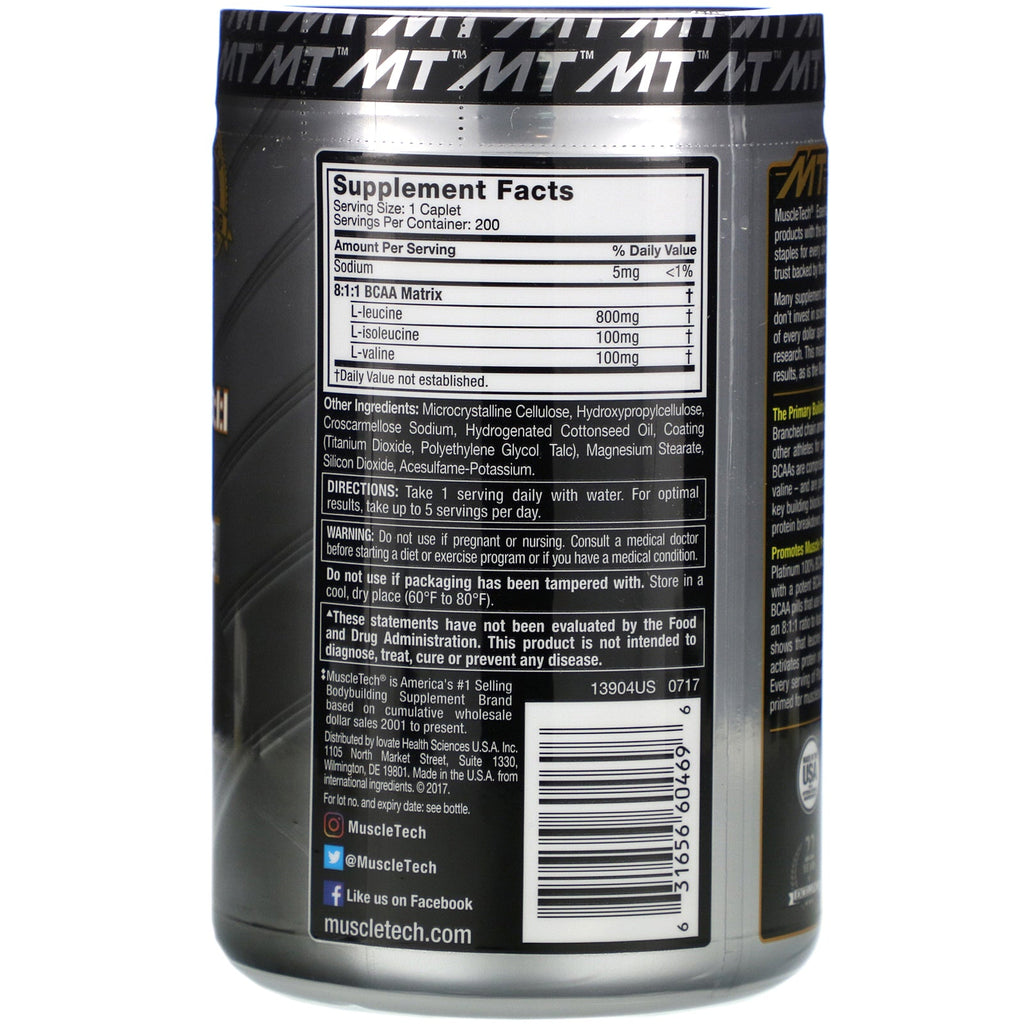 Muscletech, Platinum 100% BCAA 8:1:1, 1,000 mg, 200 Caplets