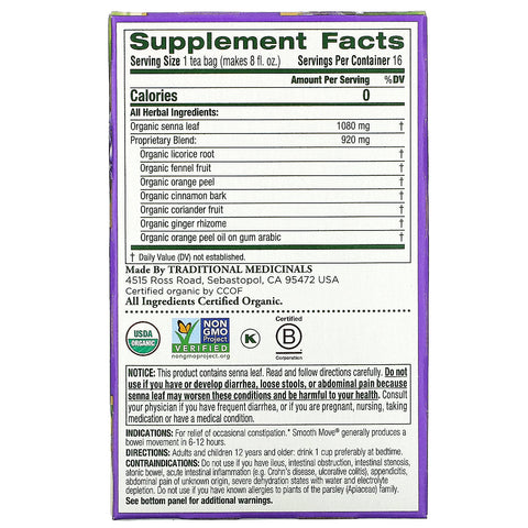 Traditional Medicinals, Smooth Move, original con sen, sin cafeína, 16 bolsitas de té envueltas, 1,13 oz (32 g)