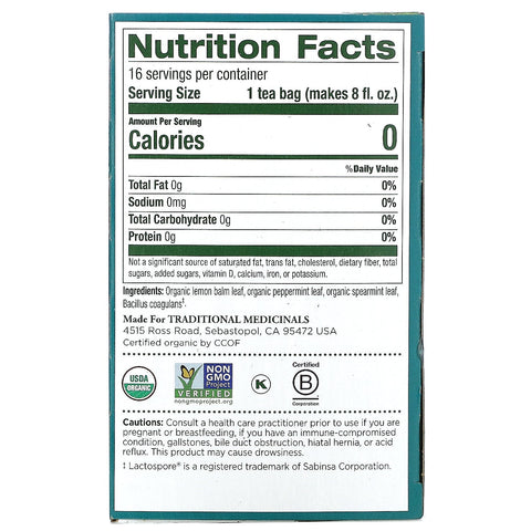 Traditional Medicinals, Probiótico Peppermint Delight, Sin cafeína, 16 bolsitas de té envueltas, 0,85 oz (24 g)