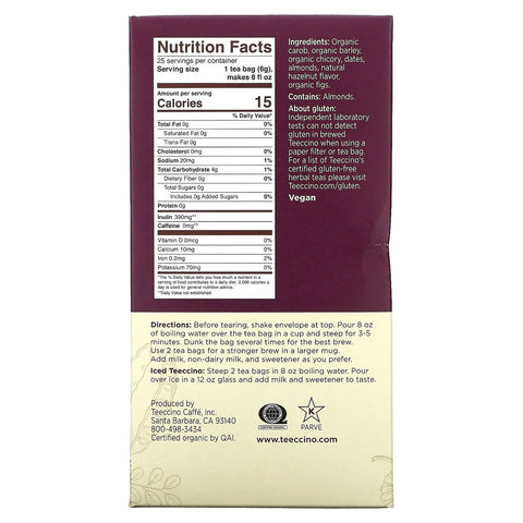 Teeccino, té de hierbas tostado, avellana, sin cafeína, 25 bolsitas de té, 5,3 oz (150 g)