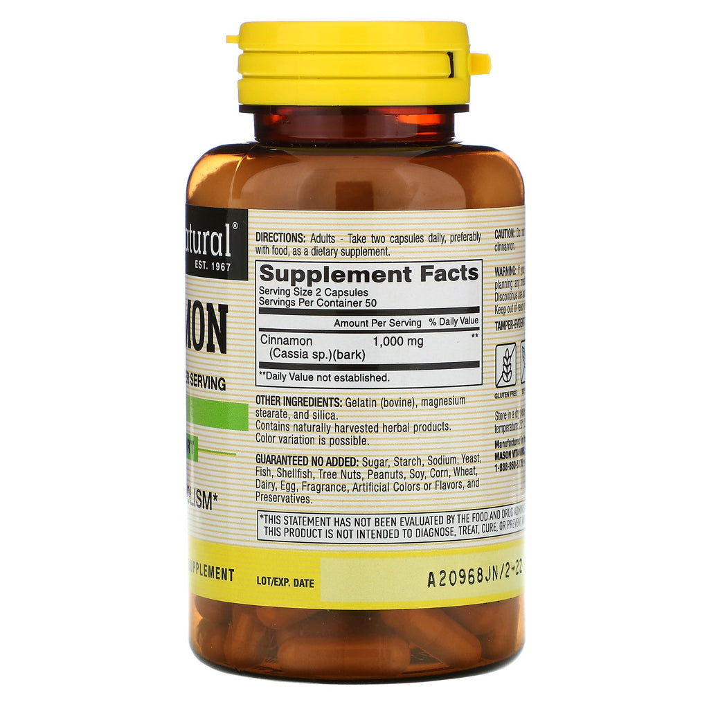 Mason Natural, Cinnamon, 1.000 mg, 100 kapsler