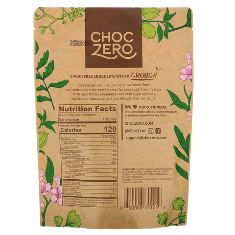 ChocZero, mørk chokolade med havsalt, mandler, sukkerfri, 6 barer, 1 oz hver