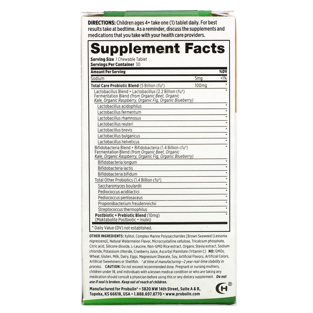 Probulin, For Kids, My Little Bugs, Total Care Probiotic + Prebiotic & Postbiotic, Watermelon, 30 Chewable Tablets