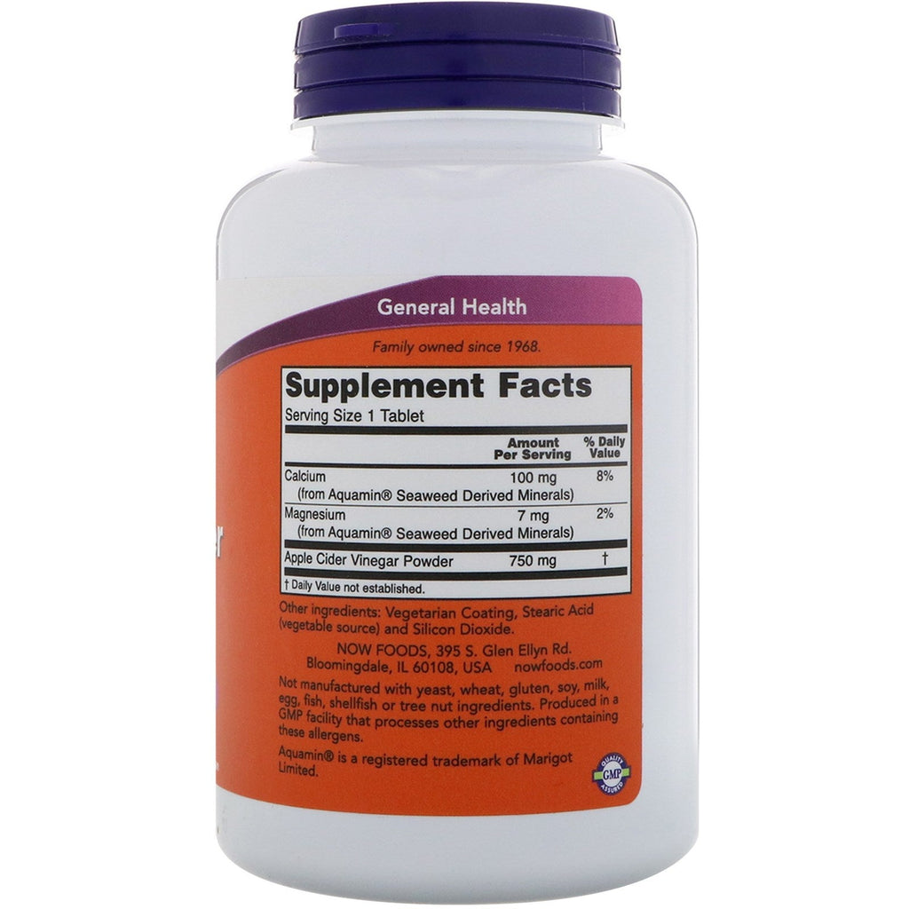 Now Foods, æblecidereddike, ekstra styrke, 750 mg, 180 tabletter