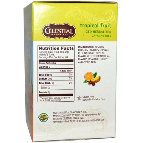 Himmelske krydderier, is-urtete, koffeinfri, tropisk frugt, 40 teposer, 3,2 oz (91 g)