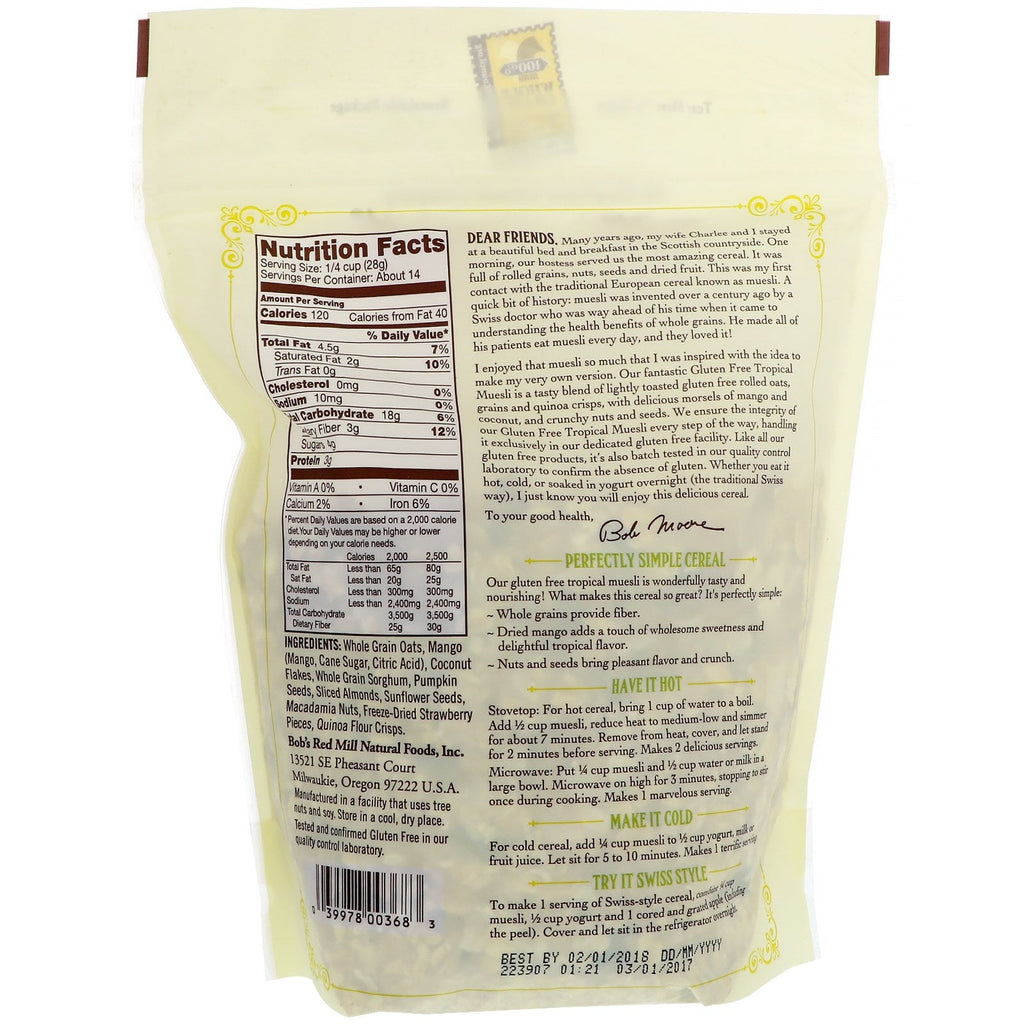 Bob's Red Mill, Muesli, tropical, sin gluten, 14 oz (397 g)