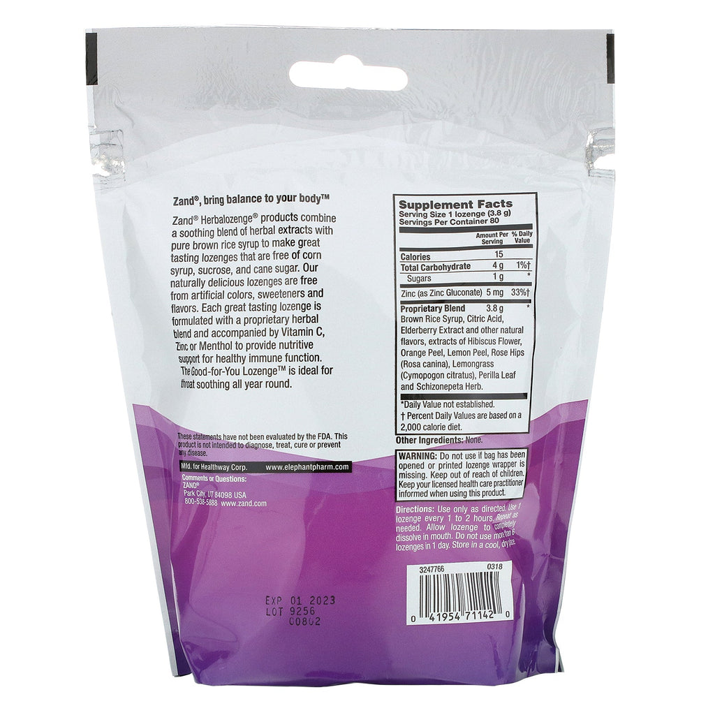 Zand, Herbalozenge, Elderberry Zinc, Sweet Elderberry, 80 Lozenges