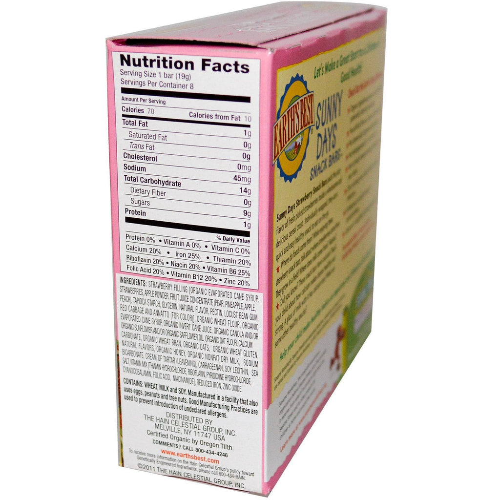 Earth's Best,  Sunny Days Snack Bars, Strawberry, 8 Bars, 0.67 oz (19 g) Each
