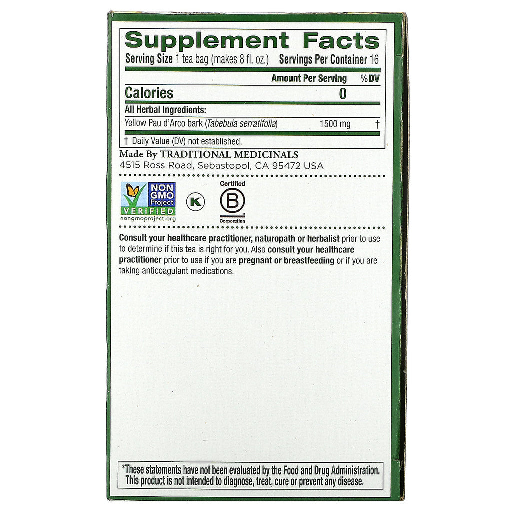 Traditional Medicinals, Yellow Pau d' Arco, Caffeine Free, 16 Wrapped Tea Bags, .85 oz (24 g)