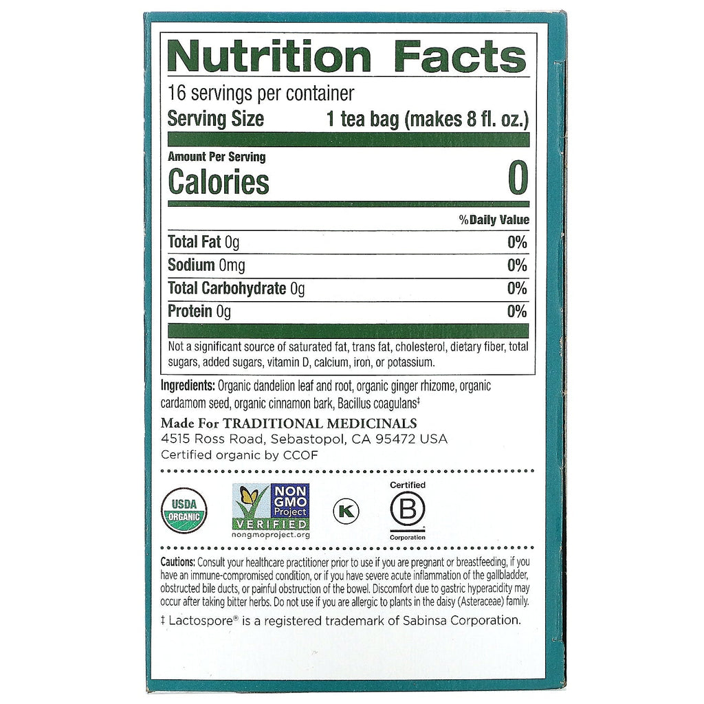 Traditionelle lægemidler, mælkebøtte Chai probiotikum, koffeinfri, 16 indpakkede teposer, 1,19 oz (33,6 g)