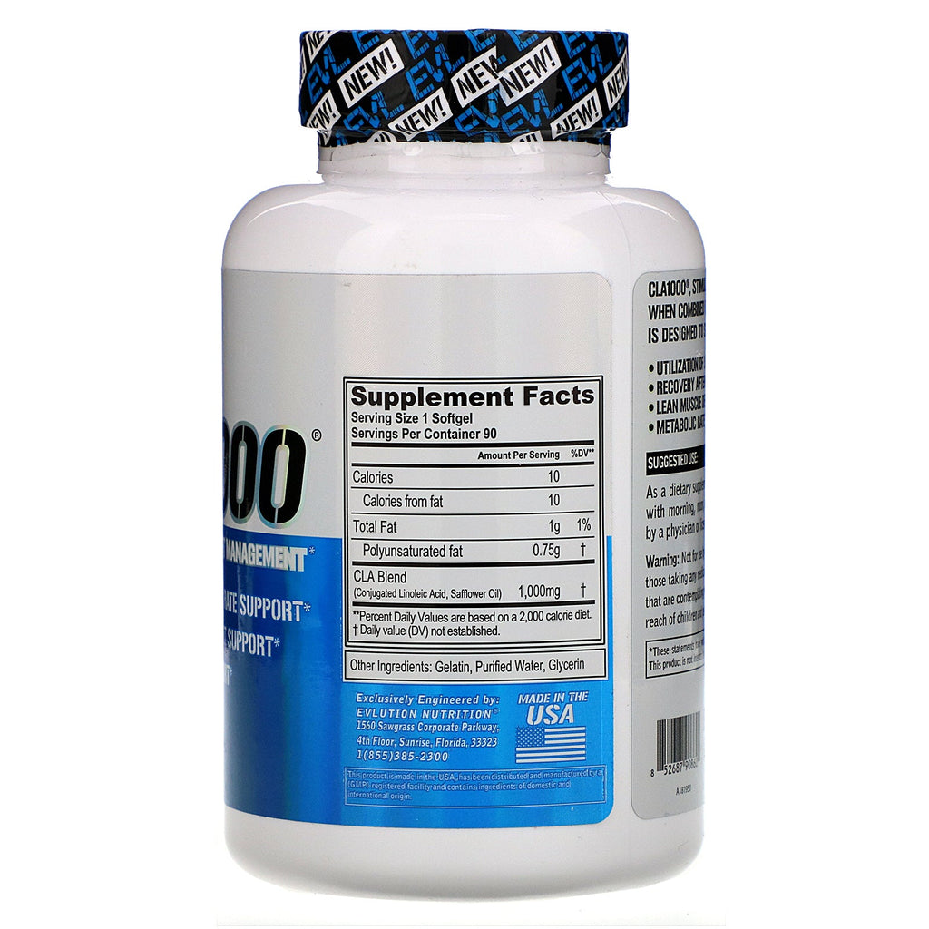EVLution Nutrition, CLA1000, Stimulerende fri vægtkontrol, 90 softgels