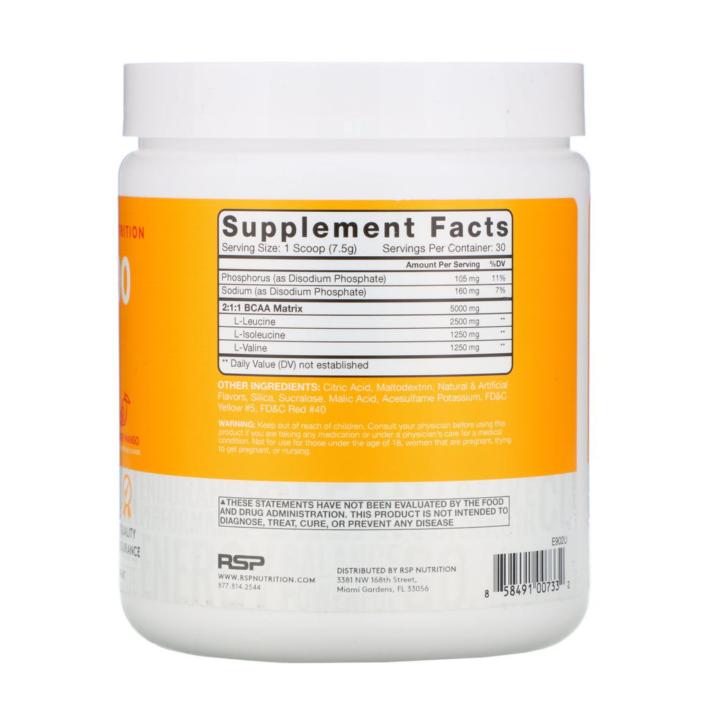 RSP Nutrition, BCAA 5000, Instantized BCAAs, Orange Mango, 5,000 mg, 7.94 oz (225 g)