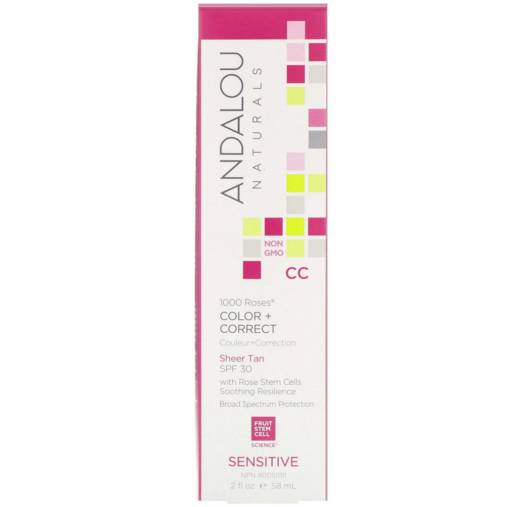 Andalou Naturals, CC 1000 Roses, Color + Correcto, Sensible, SPF 30, Bronceado puro, 2 fl oz (58 ml)