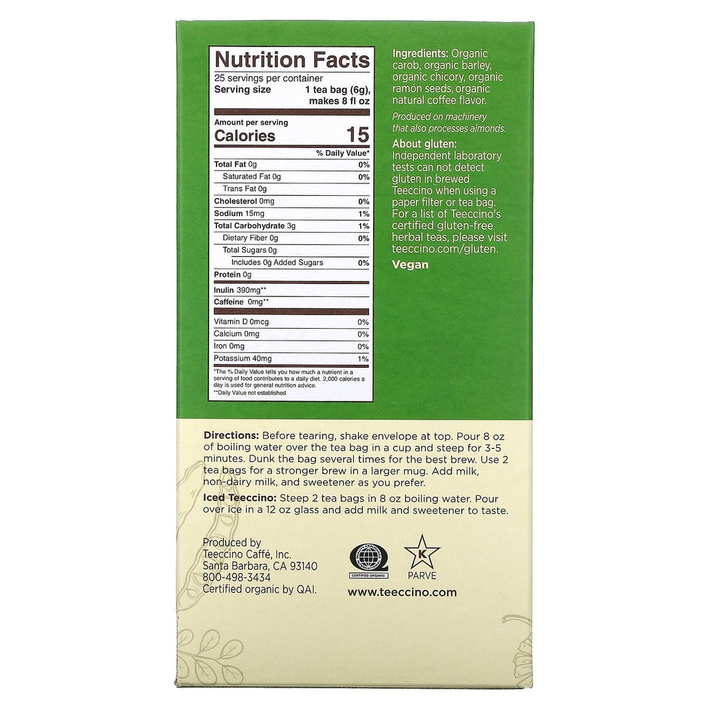 Teeccino, té de hierbas tostado, tostado francés, sin cafeína, 25 bolsitas de té, 5,3 oz (150 g)