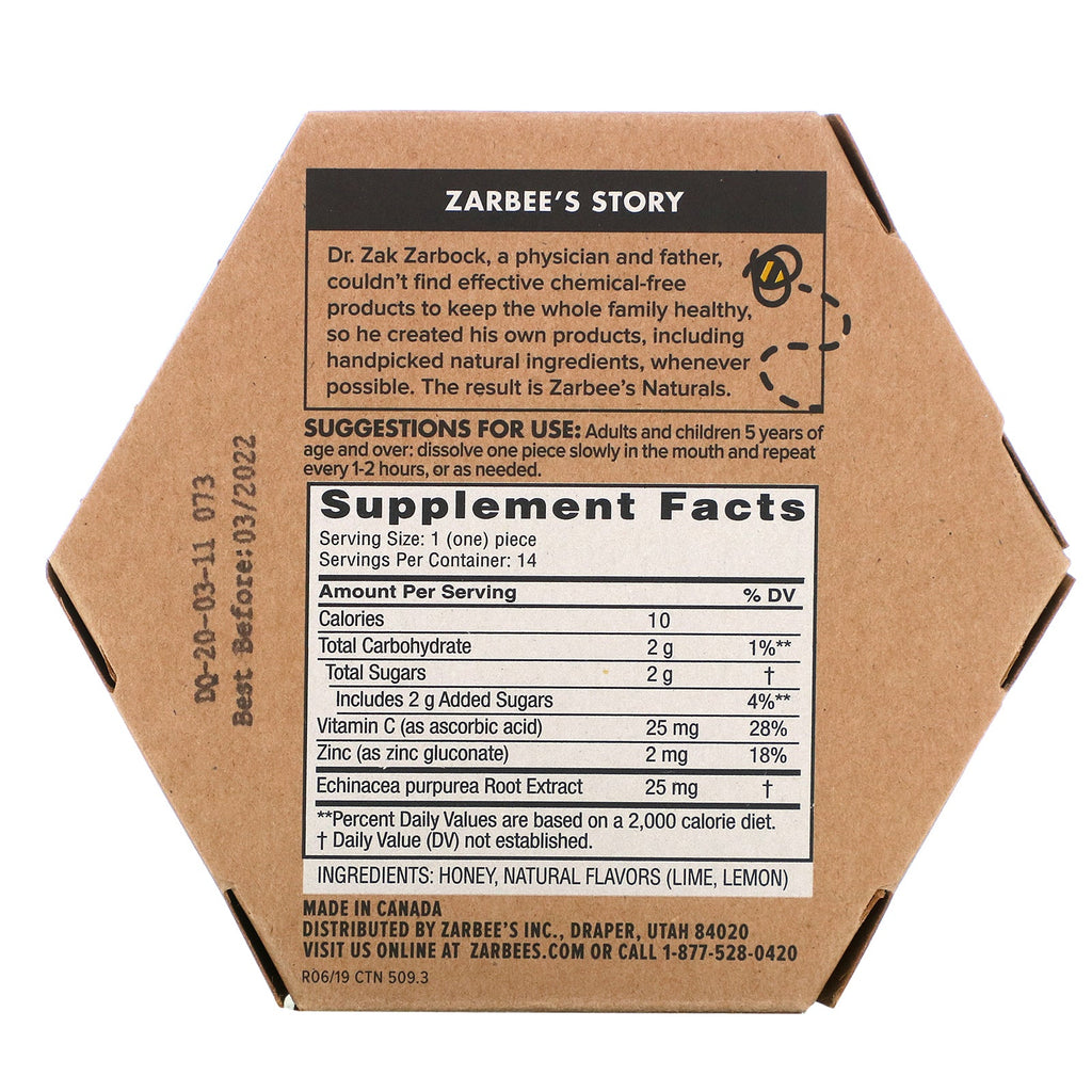 Zarbee's, 96% Honey Cough Soothers + Immune Support, Natural Citrus Flavor, 14 Pieces