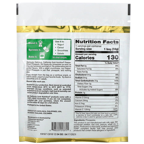 California Gold Nutrition, frysetørret ananas, klar til at spise hele frysetørrede bidder, 1 oz (34 g)