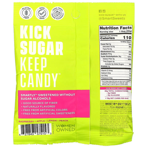 SmartSweets, Sour Gummy Bears, Hindbær, Æble, Citron, Fersken, 1,8 oz (50 g)