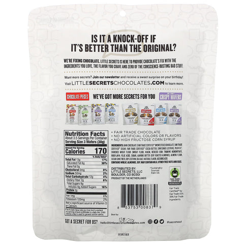 Små hemmeligheder, mini sprøde vafler, mandelsmør i mørk chokolade med havsalt, 10 individuelt indpakkede minis, 3,5 oz (100 g)
