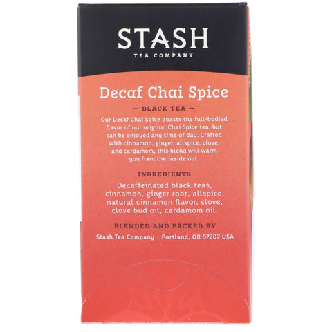 Stash Tea, té negro, especias chai descafeinadas, 18 bolsitas de té, 33 g (1,1 oz)