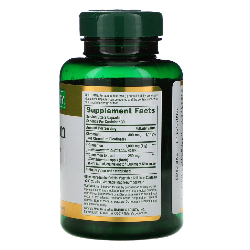 Nature's Bounty, Cinnamon Plus Chromium, 2.000 mg, 60 kapsler