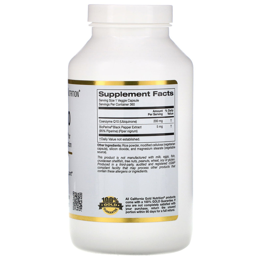 California Gold Nutrition, CoQ10 USP con bioperina, 200 mg, 360 cápsulas vegetales