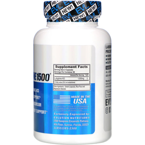EVLution Nutrition, L-Arginine1500, 100 Capsules