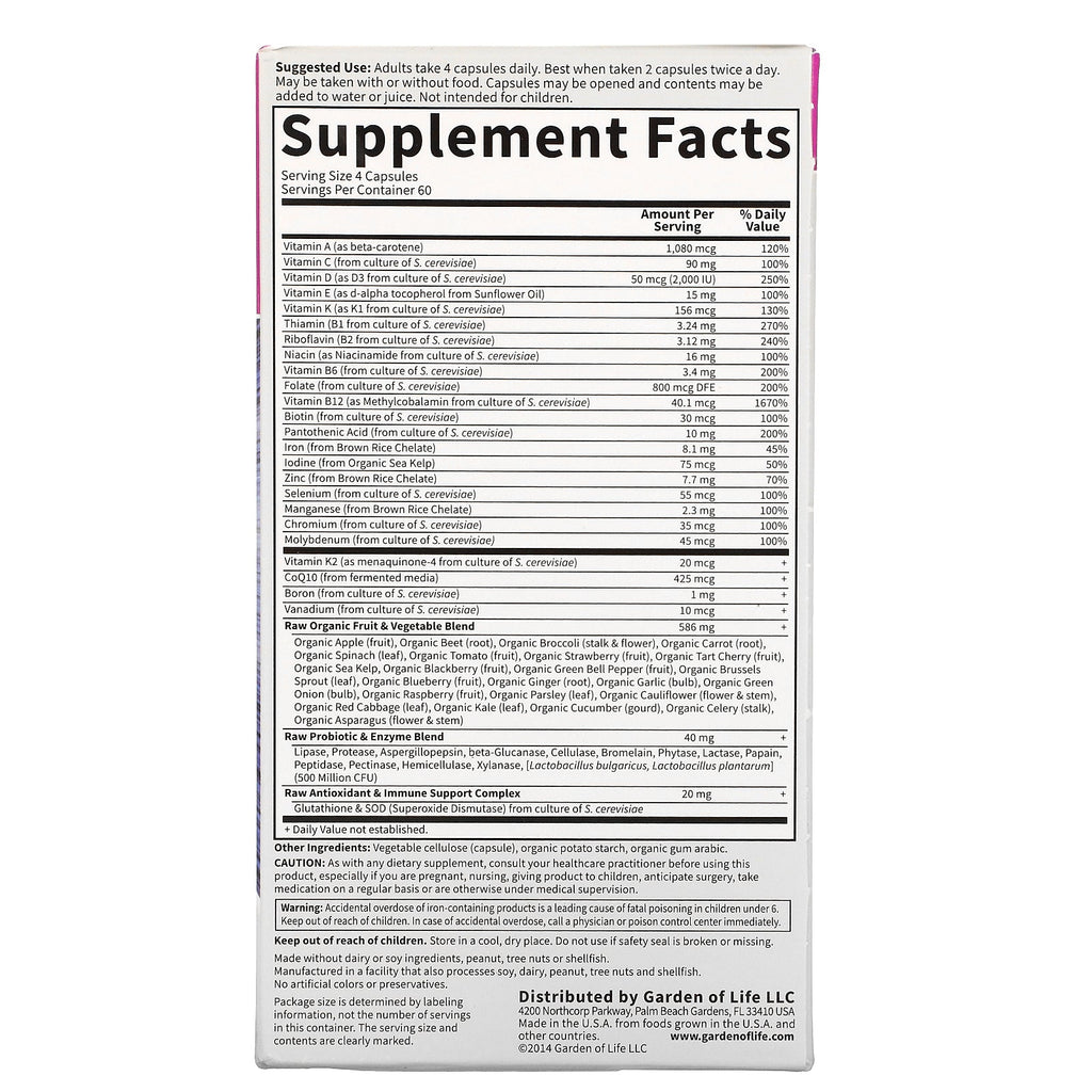 Garden of Life, Vitamin Code Women, multivitamina de alimentos integrales, 240 cápsulas vegetarianas