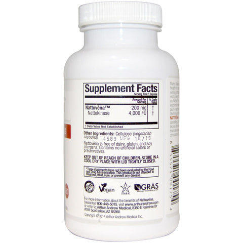 Arthur Andrew Medical, Nattovena, nattoquinasa pura, 200 mg, 180 cápsulas