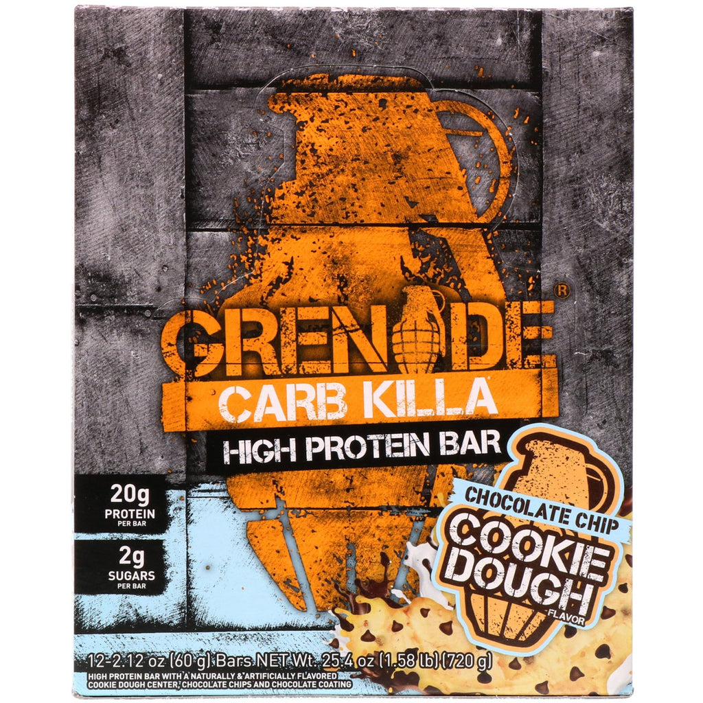 Grenade, Carb Killa, barra alta en proteínas, masa para galletas con chispas de chocolate, 12 barras, 2,12 oz (60 g) cada una
