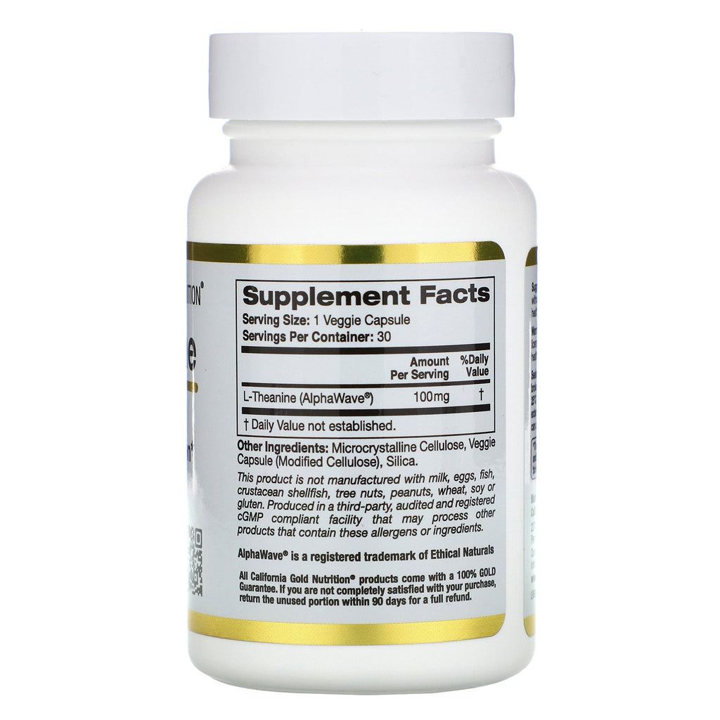 California Gold Nutrition, L-Theanine, AlphaWave, Supports Relaxation, Calm Focus, 100 mg, 30 Veggie Capsules