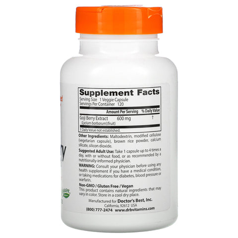 Doctor's Best, Goji Berry Extract, 600 mg, 120 Veggie Caps