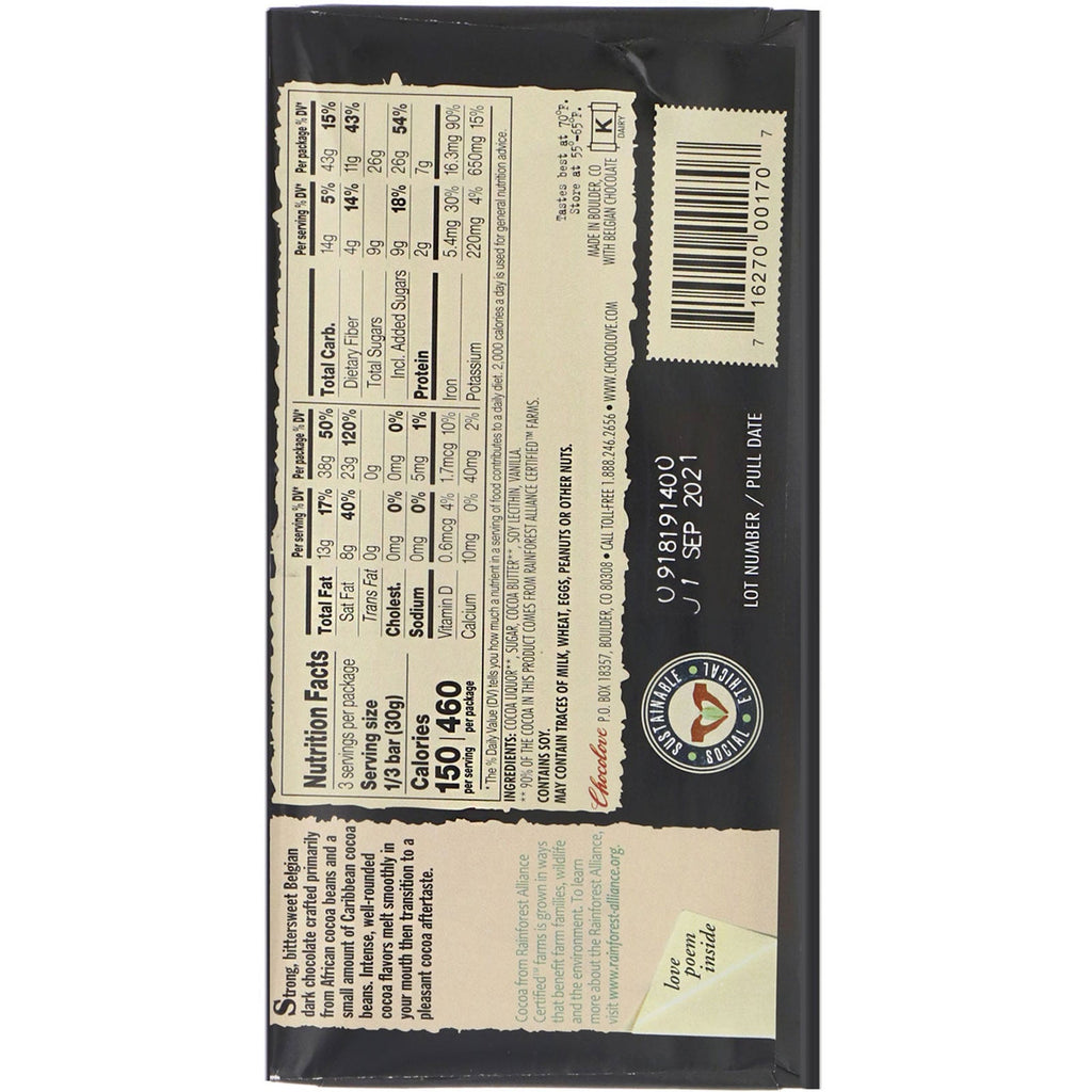 Chocolove, stærk mørk chokolade, 70 % kakao, 3,2 oz (90 g)