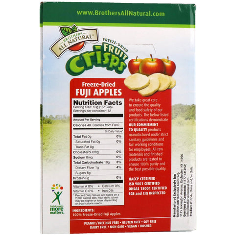 Brothers-All-Natural, frysetørret - frugtchips, Fuji-æbler, 12 enkeltserveringsposer, 4,23 oz (120 g)