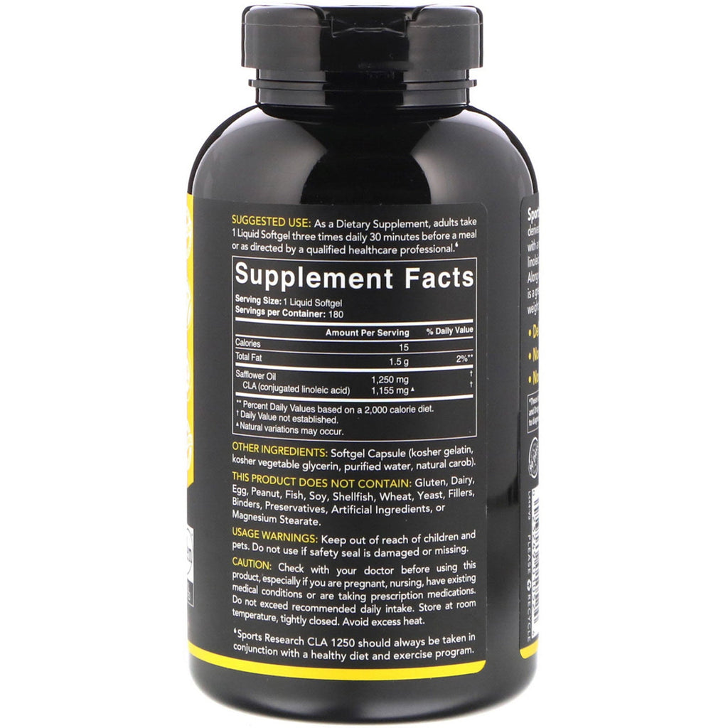 Sports Research, CLA 1250, Max Potency, 1,250 mg, 180 Softgels