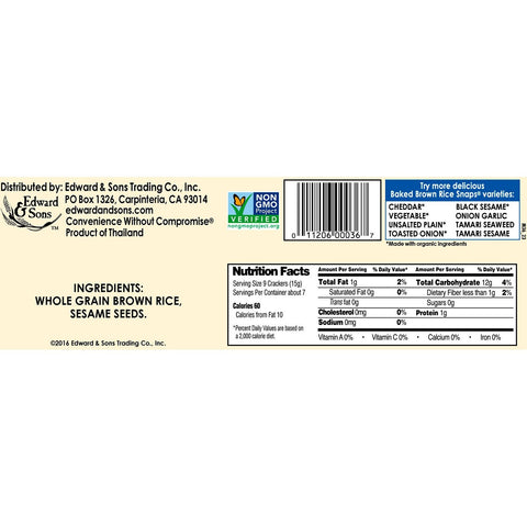 Edward & Sons, bagte fuldkorns brune rissnaps, usaltet sesam, 3,5 oz (100 g)