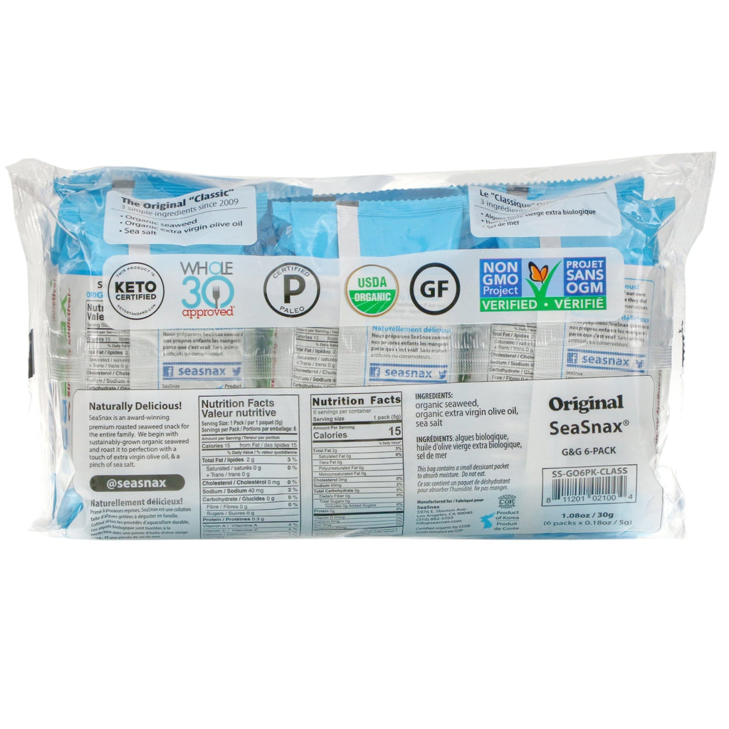 SeaSnax,  Seaweed, Original, 6 Pack, 0.18 oz (5 g) Each