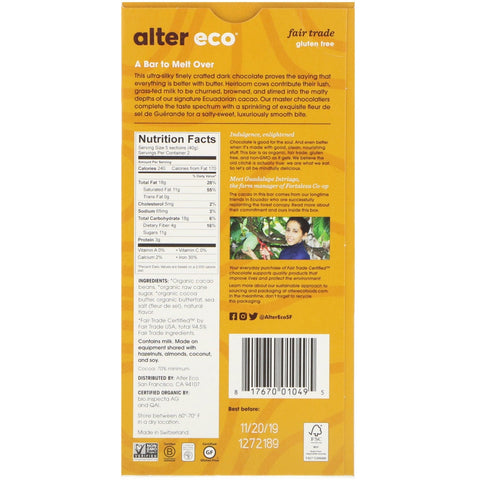 Alter Eco, chokoladebar, dybt mørksaltet brunt smør, 70 % kakao, 2,82 oz (80 g)