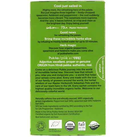 Pukka-urter, tre mynte, koffeinfri, 20 urteteposer, 1,12 oz (32 g)