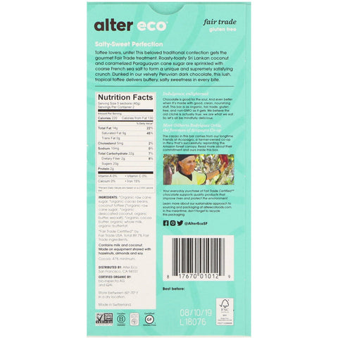 Alter Eco, chokoladebar, mørksaltet kokostoffee, 47 % kakao, 80 g (2,82 oz)