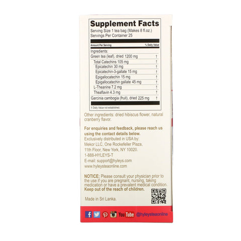Hyleys te, Garcinia Cambogia med grøn te, tranebær, 25 teposer, 1,32 oz (37,5 g)