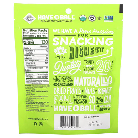 Sunny Fruit, Spis en Bold, Frugt & Nødde Snacks, Abrikos & Cacao Nibs & Hasselnød, 4,44 oz (126 g)